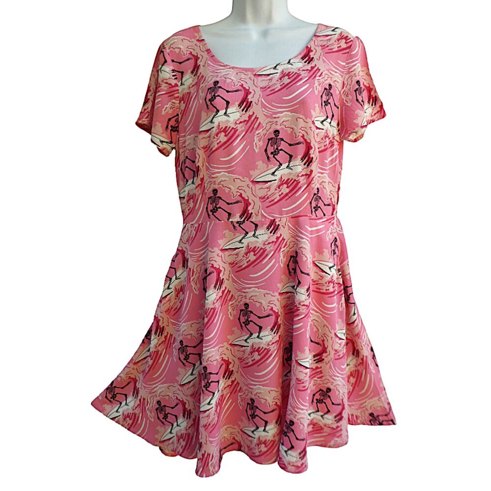 Black Friday Alternative Pink Surfing Skeleton Skater Dress Fit Flare Pockets 10